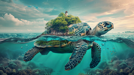 Obraz premium A tortoise with a green island with a lighthouse on its shell floating in the ocean, Save the earth concept