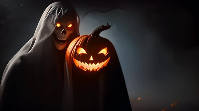 close up of ghost and pumpkin, concept for halloween day celebration, generate ai