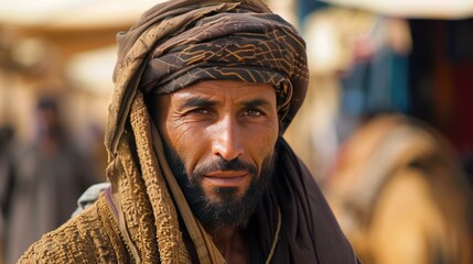 Fototapeta premium Berber man wearing traditional tuareg clothes on camel market