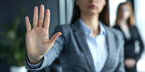 Stop, hand sign and woman in business suit with no gesture for sexual harassment and violence in office workplace