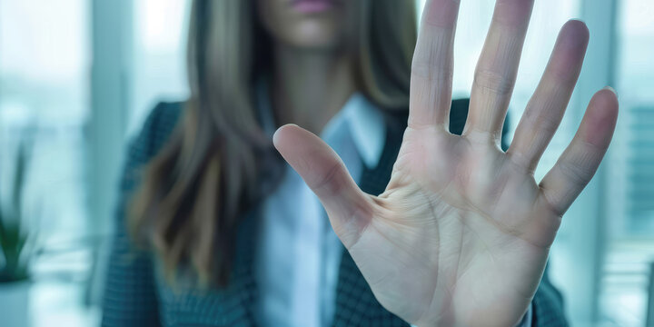 Stop, hand sign and woman in business suit with no gesture for sexual harassment and violence in office workplace - Powered by Adobe