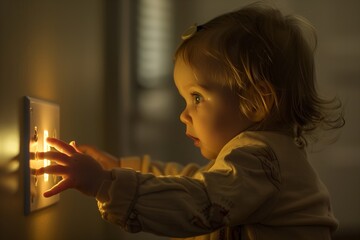 A small child reaches for an electrical outlet. The concept of a potential security threat