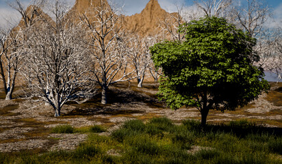 a single, healthy new tree surrounded by grass amidst dried and dead trees in a barren landscape - 3D illustration