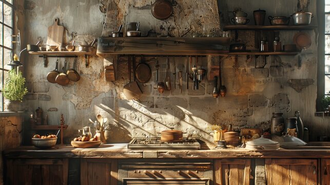 Vintage kitchen with rustic wooden shelves, pots, and utensils. Sunlight streams through windows, creating a cozy and warm atmosphere.