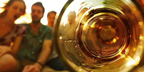 The bottom of an empty wine bottle stares back at a group of friends, mocking their attempts to break free from the cycle of addiction