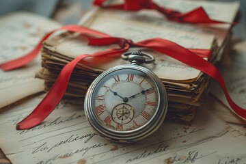 A vintage pocket watch with a silver case resting on a stack of handwritten letters tied with a red...