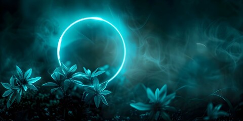 Neon teal light ring illuminating abstract flowers on dark background. Concept Neon Lighting, Teal Color, Abstract Flowers, Dark Background, Illumination