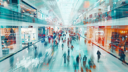 A busy shopping mall with people walking around and a lot of stores
