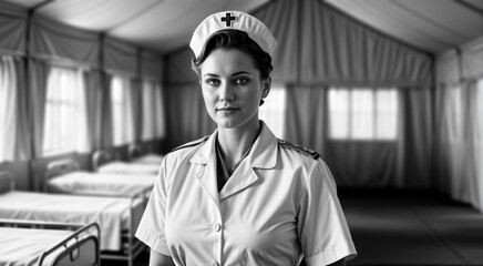 Monochrome vintage portrait of an female army nurse in a tent hospital during the Second World War. - Generative AI