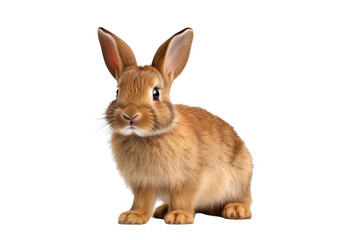 Obraz premium A brown bunny with long ears sits facing the camera. It has a soft, fluffy coat and a cute, inquisitive expression.