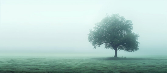 a foggy morning in the countryside, with a lone tree in the foreground and a soft, misty background