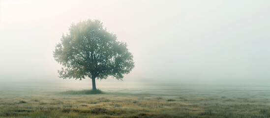 Obraz premium a foggy morning in the countryside, with a lone tree in the foreground and a soft, misty background