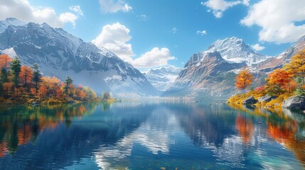 Isolated mountain lake with colorful reflections, serene, vibrant hues, 3D rendering