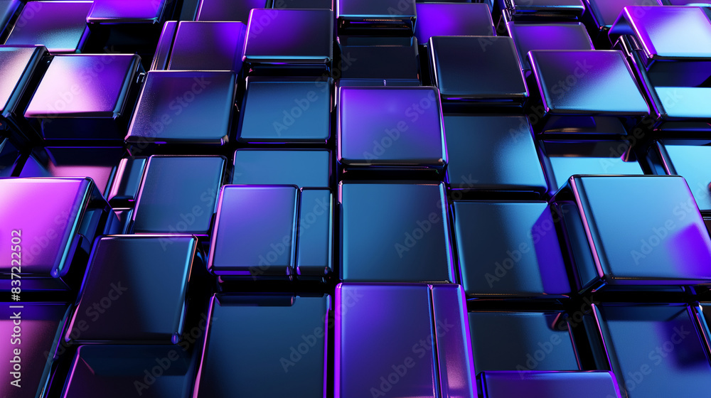 Fototapete 3d rendering of blue and purple glass squares on black background. abstract futuristic geometric pat