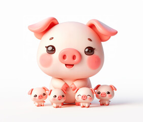 3D funny cute cartoon pig and piglets on white background