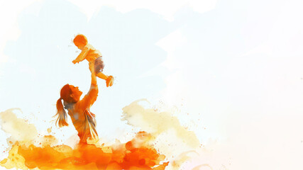 Orange watercolor paint of A mother playing lift with new born baby kid