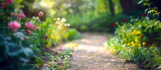 Fototapeta premium A garden path lined with soft focus blooming flowers and gentle sunlight