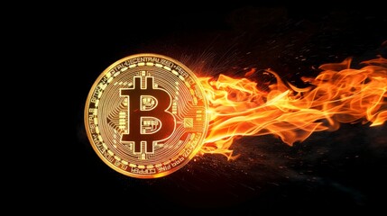 Fiery depiction of a Bitcoin coin set amidst flames, symbolizing crypto risk, volatility, and financial instability.