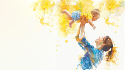 Yellow watercolor paint of A mother playing lift with new born baby kid