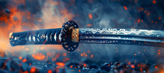 Close-Up of a Katana Sword with Fiery Background. Generative ai
