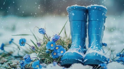 Blue rubber boots with flowers in winter with snow.