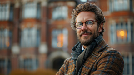 Fototapeta premium Handsome Professor in suite smiling and standing on the street near Univesity