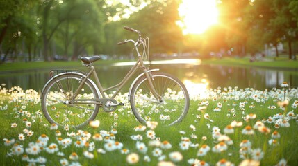 Fototapeta premium Serene Countryside Scene with Silver Bicycle Amidst Vibrant Flowers