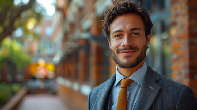 Handsome businessman in suite smiling and standing on the street in Europe