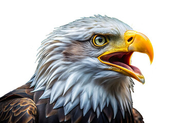 Obraz premium Majestic bald eagle portrait with open beak against a dark background, showcasing the fierce beauty and strength of this iconic bird of prey. AI GENERATED