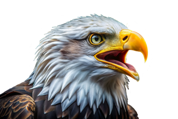 Majestic bald eagle portrait with open beak against a dark background, showcasing the fierce beauty and strength of this iconic bird of prey. AI GENERATED