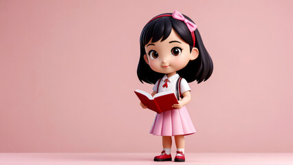 Schoolgirl girl with book in his hands stands on pale pink background. Cute inquisitive adorable child reading book. Love for learning and joy of discovering new knowledge. Copy space.