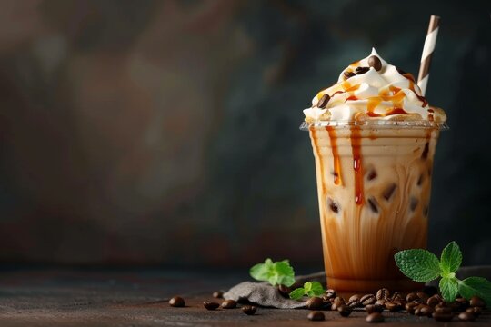 Gourmet iced coffee with whipped cream and caramel drizzle