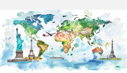 Travel and Global Connectivity Concept World Map with Eiffel Tower, Christ The Redeemer, and Other Landmarks Floating on Earthlike Planet with Airplane in Blue Sky