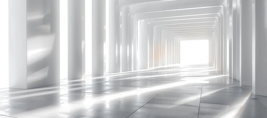 Fototapeta premium white room with long corridor, bright lights, shiny floor, minimalist design