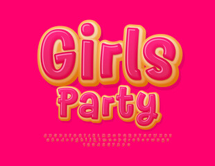 Vector sweet advertisement Girls Party. Pink glazed Font. Tasty Donut Alphabet Letters and Numbers set.