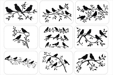 Birds on Branches Silhouette Bundle, Flock of Birds, 