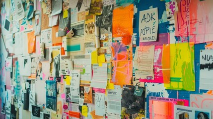 A vibrant notice board filled with numerous colorful posters and flyers in an outdoor urban setting.