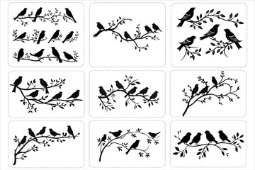 Birds on Branches Silhouette Bundle, Flock of Birds, 