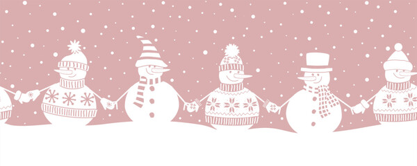 Snowmen holding hands. Snowmen have fun in Winter Holidays. Seamless Border. Christmas Background. Different snowmen in winter clothes. Greeting Card Template. Vector illustration in pink, white