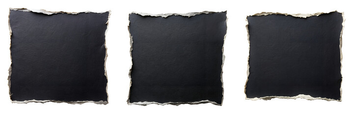Piece of black paper with white slightly ragged edges, highly detailed isolated on transparent background PNG file