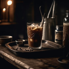  Refreshing cold coffee on rustic wooden table under cinematic lighting.
