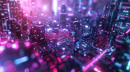 Obraz premium a cityscape made from circuit boards and neon lights.