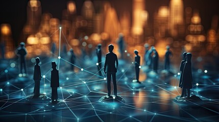 silhouetted figures connected by glowing lines on a dark blue background, concept of network or social connectivity.