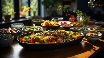 Friends gathering for a potluck dinner party, each bringing a dish to share and enjoying a diverse spread of homemade culinary delights, savoring the flavors of friendship and community. Minimal and