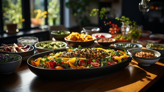 Friends gathering for a potluck dinner party, each bringing a dish to share and enjoying a diverse spread of homemade culinary delights, savoring the flavors of friendship and community. Minimal and