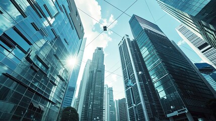 Big modern city city skyscraper downtown, digital interface with line connection.