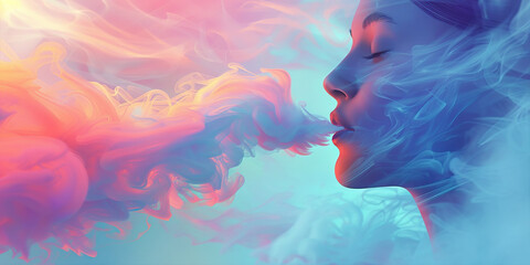 The seduction of inhalation. A serene figure exhales through the mouth smoke.