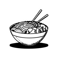 Bowl noodles and chopsticks sketch. Asian food. Chinese, Korean, Japanese cuisine. Logo template. Hand drawn vector illustration.
