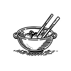 Bowl noodles and chopsticks sketch. Asian food. Chinese, Korean, Japanese cuisine. Logo template. Hand drawn vector illustration.
