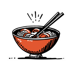 Bowl noodles and chopsticks sketch. Asian food. Chinese, Korean, Japanese cuisine. Logo template. Hand drawn vector illustration.
